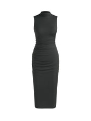 Youth Womens Bodycon Dresses Mock High Neck Sleeveless Ruched Summer Cocktail Work Trendy Midi Dress