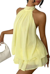 Business Casual Women's Chiffon Halter Drop Waist Ruffle Loose Fit Mini Dress Summer Wedding Guest Brunch Outfit Dress