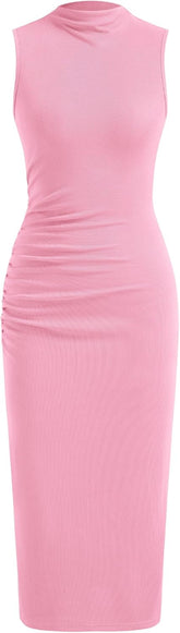Youth Womens Bodycon Dresses Mock High Neck Sleeveless Ruched Summer Cocktail Work Trendy Midi Dress