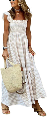 Minimalist Women's Retro Plaid Smocked Spaghetti Strap Flounce Long Casual Daily Wear Dress