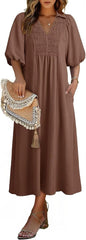 2026 Business Casual Women's Summer V Neck Puff Sleeve Empire Waist A-Line Maxi Casual Daily Wear Dress For Office