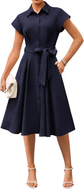 Youth 2026 Women's Short Sleeve Button Down Shirt Midi Dress Summer Work Business Casual Dress With Pockets