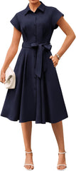 Youth 2026 Women's Short Sleeve Button Down Shirt Midi Dress Summer Work Business Casual Dress With Pockets