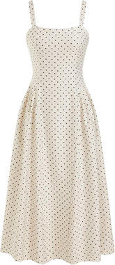Womens Minimalist Polka Dots Summer Casual Dresses Square Neck Sleeveless Midi A Line Elegant Daily Dress