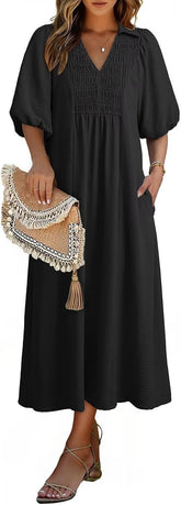 2026 Business Casual Women's Summer V Neck Puff Sleeve Empire Waist A-Line Maxi Casual Daily Wear Dress For Office