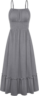 Womens Summer Ruched Bust Sundress With Adjustable Straps Pockets Beach Vacation