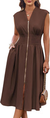 Womens Business Summer Casual Dress Office Work Dresses Cap Sleeve Zipper Front Flowy Midi Dress with Pockets