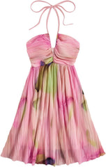 Youth Womens Tie Dye Cami Dress Halter Backless Sleeveless A Line Short Summer Vacation Sundress