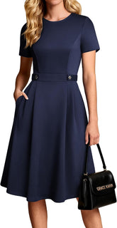 Youth 2026 Womens Church Dresses Short Sleeve A Line Work Fit and Flare Dress with Pockets