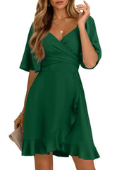 Womens Minimalist Wrap V Neck Short Flared Sleeve Wedding Guest Dress Smocked Elastic Waist Tiered Belted Ruffle Hem Mini Dress