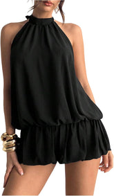 Youth Women's Summer Halter Dress Tie Open Back Sleeveless Ruffle Hem Bubble Going Out Mini Dress