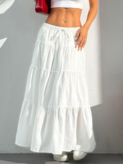 2026 Business Womens Boho Flowy White Maxi Skirt Flared Ruffle Elastic Waist Summer A Line Long Skirt for Business Events
