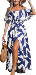 Youth Womens Ruffle Floral Maxi Summer Dress Off Shoulder Short Sleeve Backless Flounce Bodice Slit Hem Beach Dresses