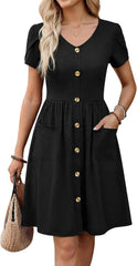 Minimalist 2026 Women's Summer Mini Petal Short Sleeve Pleated Button Down V Neck Floral Beach Swing Vacation Dress