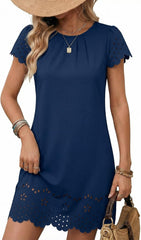 2026 Minimalist Womens Summer Mini Dress Short Sleeve Hollow Out Crewneck Pleated Front Casual Elegant Short Dress