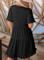 Minimalist 2026 Women's Summer V Neck A Line Short Sleeve Casual Ruffle Babydoll Mini Dress Daily Wear