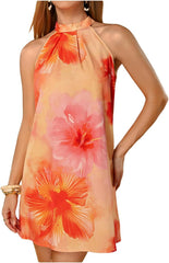 Business Casual Women's Sleeveless Halter Neck Floral Print A Line Short Sundress Summer Daily Office Wear Dress