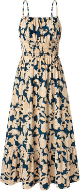 2026 Business Casual Women's Summer Smocked Floral Boho Maxi Dress Vacation Beach Sundress With Pockets Daily Wear