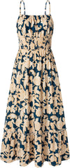 2026 Business Casual Women's Summer Smocked Floral Boho Maxi Dress Vacation Beach Sundress With Pockets Daily Wear