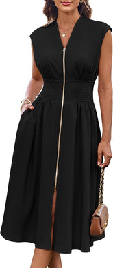 Womens Business Summer Casual Dress Office Work Dresses Cap Sleeve Zipper Front Flowy Midi Dress with Pockets