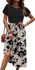 Womens Minimalist Summer Midi Dress Short Sleeve Casual 2025 Floral T-Shirt Dress Flowy Beach Sundress with Pockets