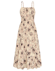 2026 Business Casual Women's Summer Smocked Floral Boho Maxi Dress Vacation Beach Sundress With Pockets Daily Wear