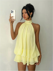 Business Casual Women's Chiffon Halter Drop Waist Ruffle Loose Fit Mini Dress Summer Wedding Guest Brunch Outfit Dress