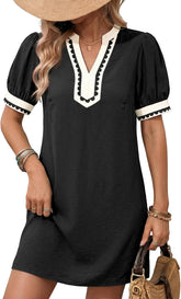 2026 Business Casual Women's Summer Boho Floral Puff Short Sleeve V Neck Trim Casual Mini Dress Sundress Daily Wear