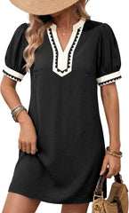 2026 Business Casual Women's Summer Boho Floral Puff Short Sleeve V Neck Trim Casual Mini Dress Sundress Daily Wear