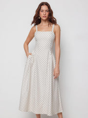 Womens Minimalist Polka Dots Summer Casual Dresses Square Neck Sleeveless Midi A Line Elegant Daily Dress