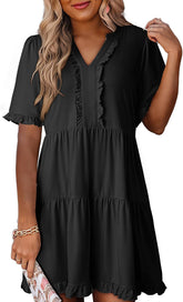 Minimalist 2026 Women's Summer V Neck A Line Short Sleeve Casual Ruffle Babydoll Mini Dress Daily Wear