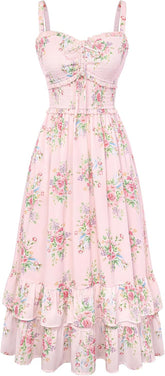 Business Casual Women's Floral Cottagecore Smocked A Line Casual Milkmaid Sundress With Pockets Daily Wear