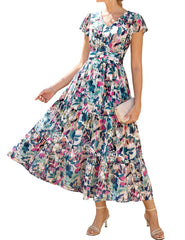 Youth 2026 Womens Summer Maxi Dress Short Sleeve Floral Semi Formal Flowy Wedding Guest Dress with Pocket