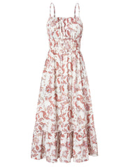 2026 Business Casual Women's Summer Smocked Floral Boho Maxi Dress Vacation Beach Sundress With Pockets Daily Wear
