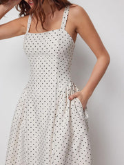 Womens Minimalist Polka Dots Summer Casual Dresses Square Neck Sleeveless Midi A Line Elegant Daily Dress