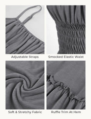 Womens Summer Ruched Bust Sundress With Adjustable Straps Pockets Beach Vacation
