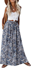 2026 Youth Boho Floral Maxi Skirt for Women Casual Elastic High Waist Flowy A Line Long Beach Skirt with Side Pockets