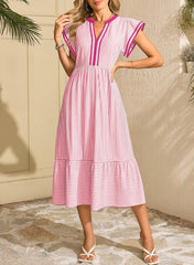 2026 Business Womens Summer V Neck Ruffle Cap Sleeve Empire Waist Flowy Striped Beach Midi Maxi Dress With Pockets