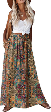 2026 Minimalist Boho Floral Maxi Skirt for Women Casual Elastic High Waist Flowy A Line Long Beach Skirt with Side Pockets