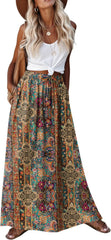 2026 Minimalist Boho Floral Maxi Skirt for Women Casual Elastic High Waist Flowy A Line Long Beach Skirt with Side Pockets