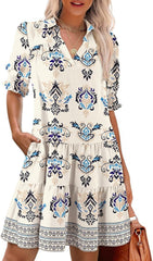 Youth Womens Casual Summer Dresses Lapel Collared V Neck Mid Sleeved Pleated 2026 Midi Dress Daily Outfit