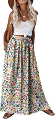2026 Youth Boho Floral Maxi Skirt for Women Casual Elastic High Waist Flowy A Line Long Beach Skirt with Side Pockets