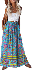 2026 Youth Boho Floral Maxi Skirt for Women Casual Elastic High Waist Flowy A Line Long Beach Skirt with Side Pockets