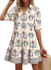 Youth Womens Casual Summer Dresses Lapel Collared V Neck Mid Sleeved Pleated 2026 Midi Dress Daily Outfit