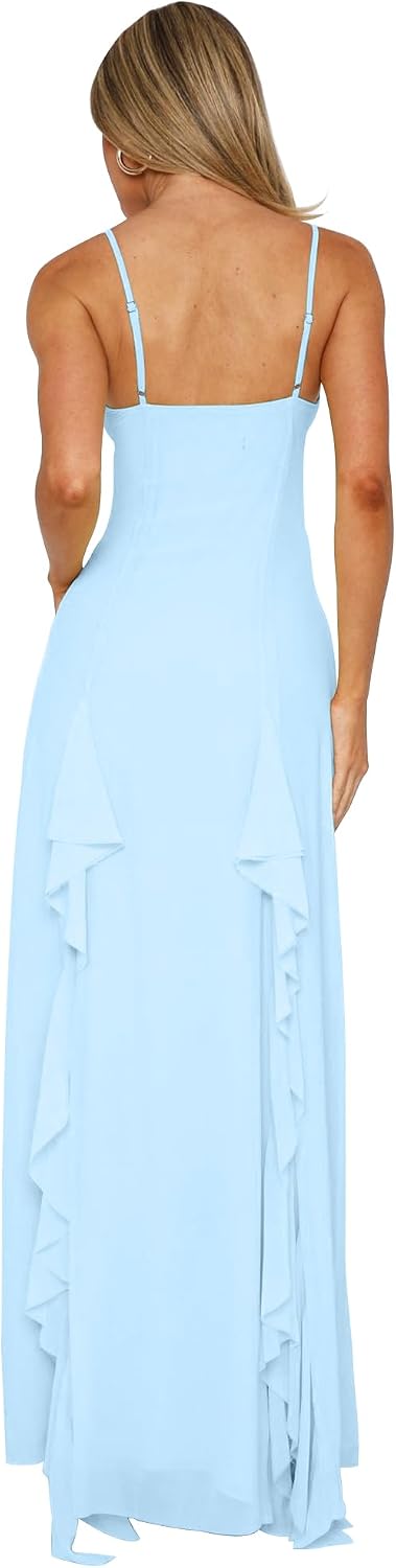 Business Formal Women's Sexy V Neck Spaghetti Strap High Slit Vacation Maxi Dress Cocktail Wedding Guest Long Formal Dress
