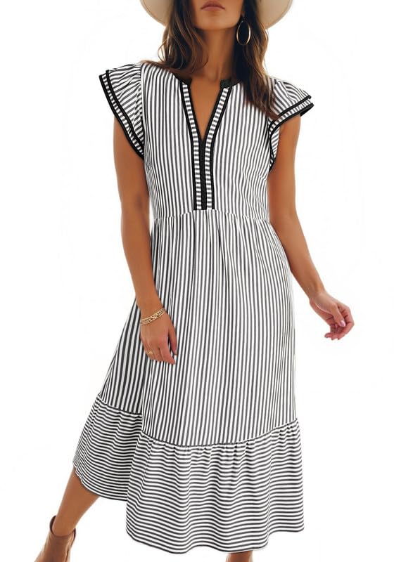 2026 Business Womens Summer V Neck Ruffle Cap Sleeve Empire Waist Flowy Striped Beach Midi Maxi Dress With Pockets