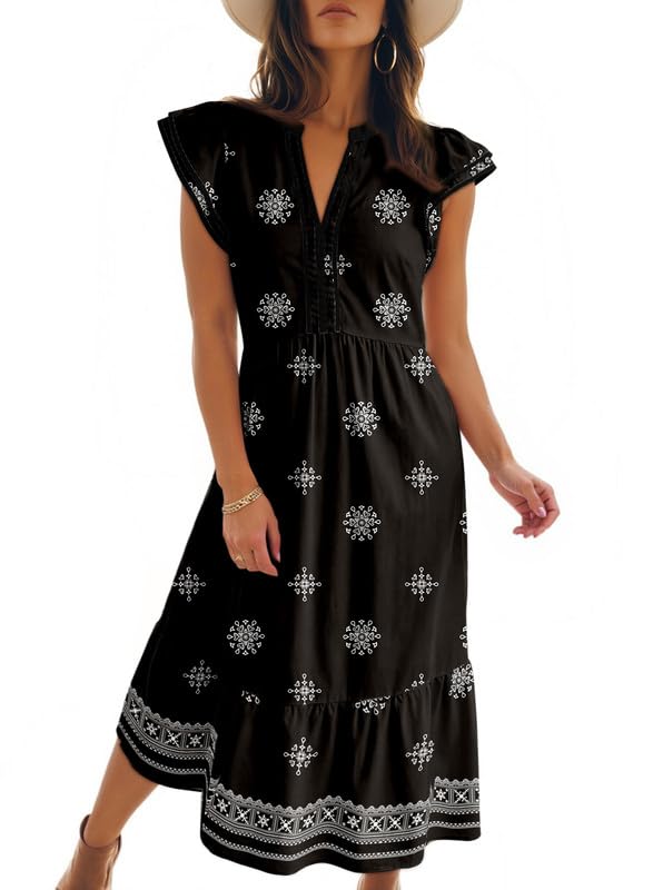 2026 Business Womens Summer V Neck Ruffle Cap Sleeve Empire Waist Flowy Striped Beach Midi Maxi Dress With Pockets
