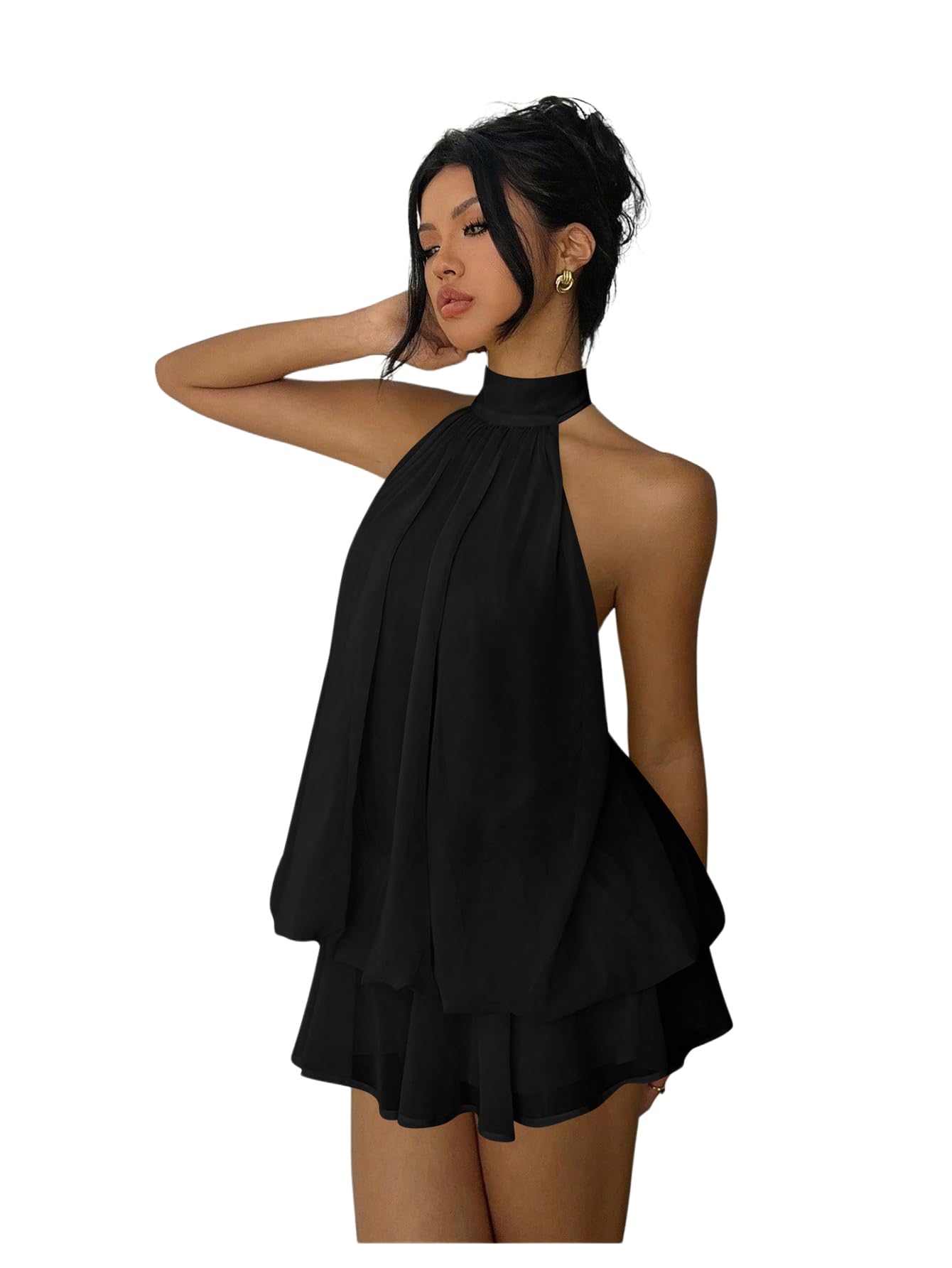 Business Casual Women's Chiffon Halter Drop Waist Ruffle Loose Fit Mini Dress Summer Wedding Guest Brunch Outfit Dress