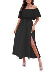 Youth Womens Ruffle Floral Maxi Summer Dress Off Shoulder Short Sleeve Backless Flounce Bodice Slit Hem Beach Dresses