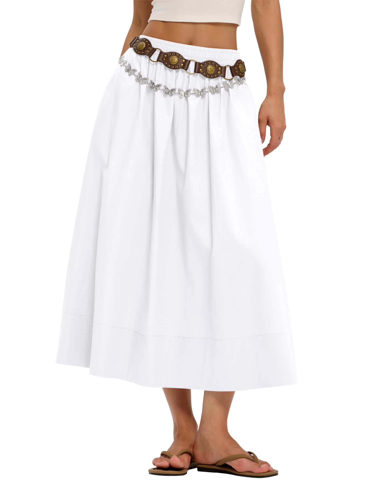 Business Womens A Line Cotton Flowy Midi Maxi Skirt Boho Summer Beach Casual Elastic Waist Skirt Outfit With Pockets